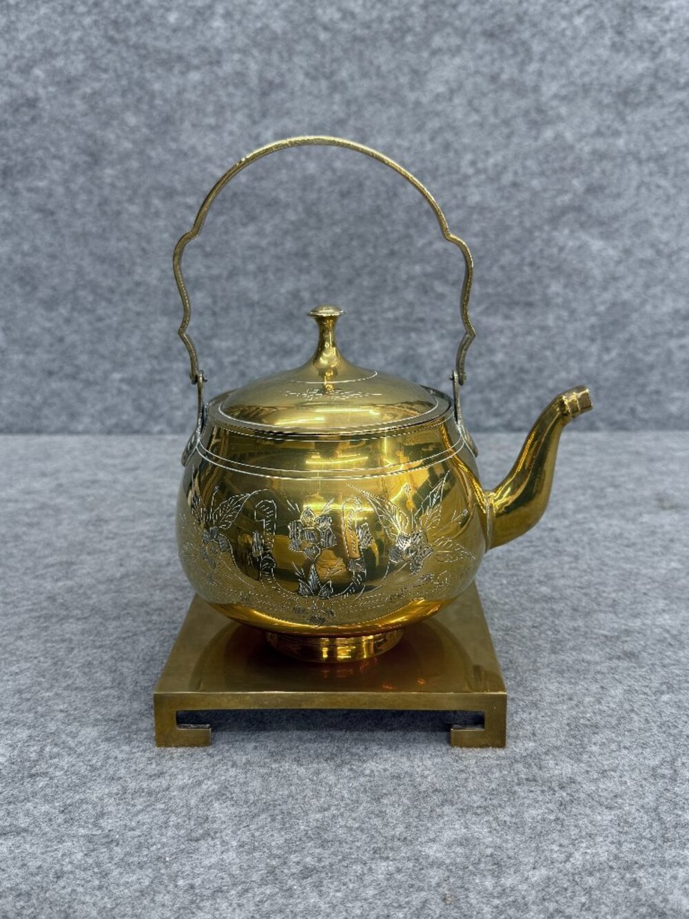 Vintage Solid Brass Teapot Etched Floral Motif Engraved Florals Swinging Handle